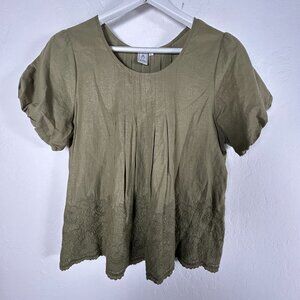 Blusa Womens Olive Green Short-Sleeve Pleated Top with Embroidered Hem Large